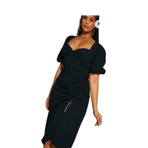 Pretty Little Thing Midi Dress Women's 26 Black Puff Sleeve with Ruching - Picture 3 of 4